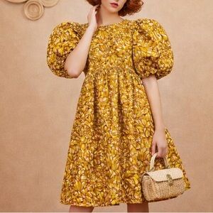 Kika Vargas Golden Floral Puff Sleeve Mini Dress